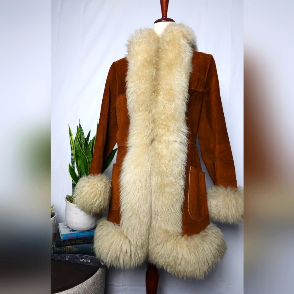 RARE! Vintage 1960s Suede and Mongolian Lambs Wool Trim Coat